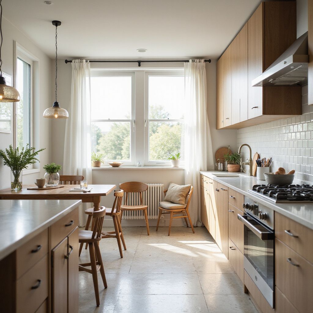 Bright kitchen with wood cabinets, a small dining table, and a large window overlooking greenery.