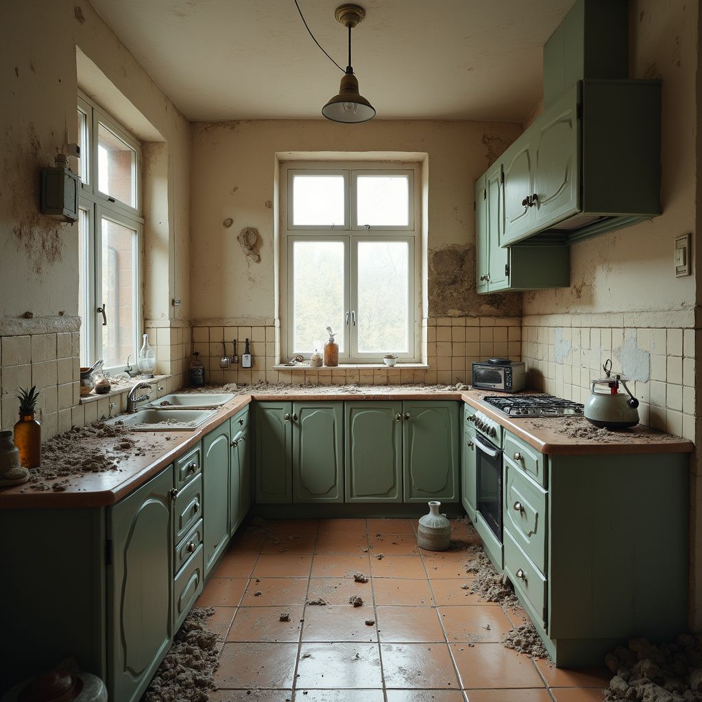 A neglected kitchen with green cabinets, dirty tile floor, and peeling walls; a window at the far end.
