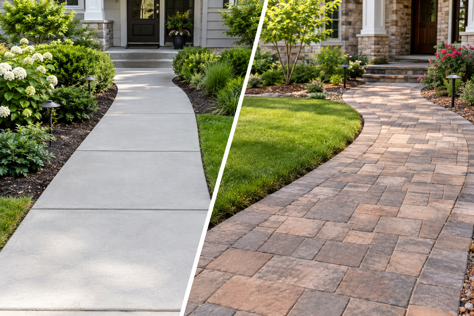 Split view of a front walkway: plain concrete on the left, brick pavers on the right, beside landscaped homes