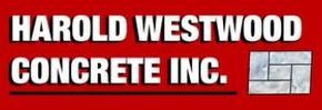 Logo for Harold Westwood Concrete Inc. with white text on red background, and a grey concrete block graphic.
