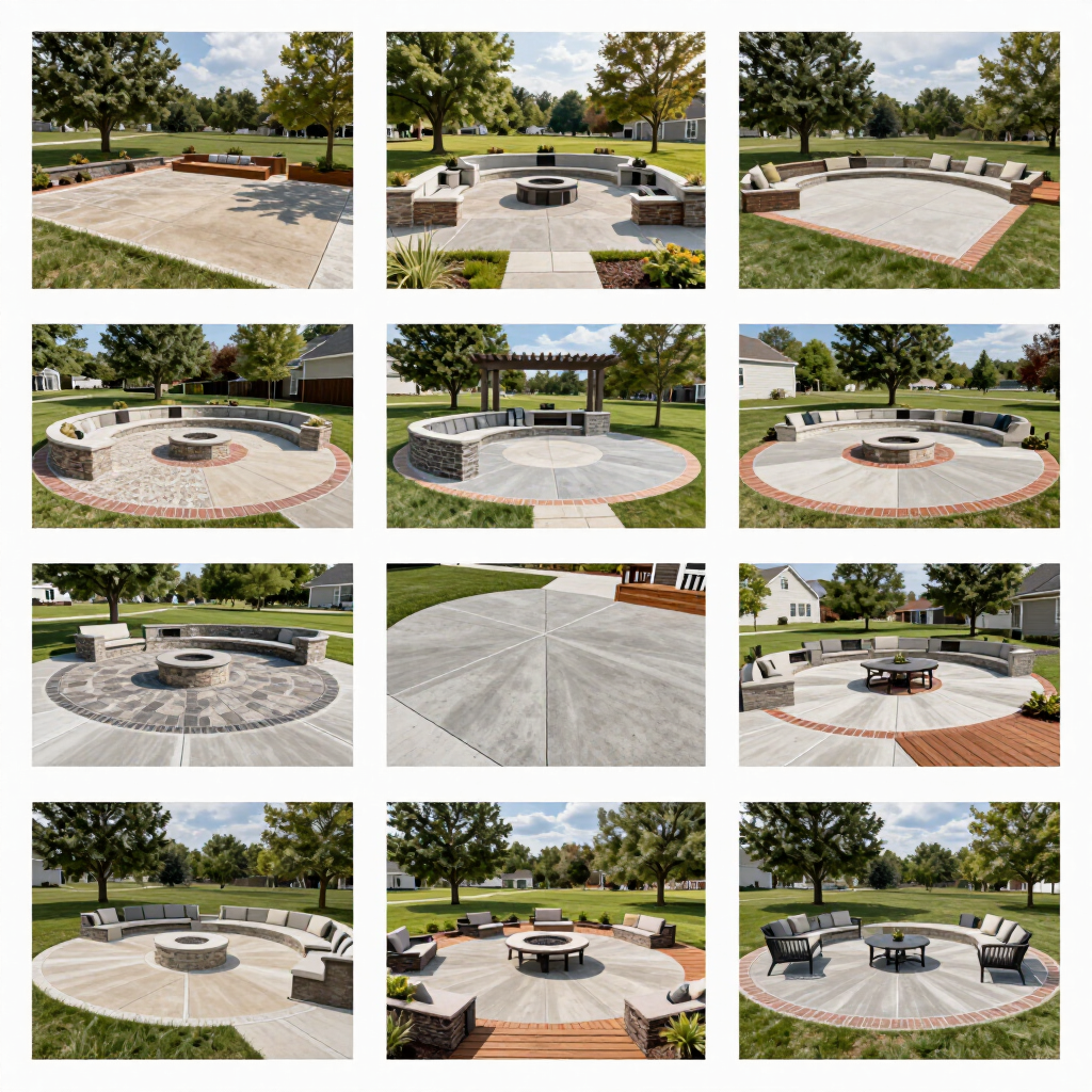 Collage of outdoor park fire pit seating areas with circular benches, stone patios, and trees.
