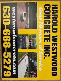 Harold Westwood Concrete Inc. ad with phone number, website, and concrete driveway photos on yellow background