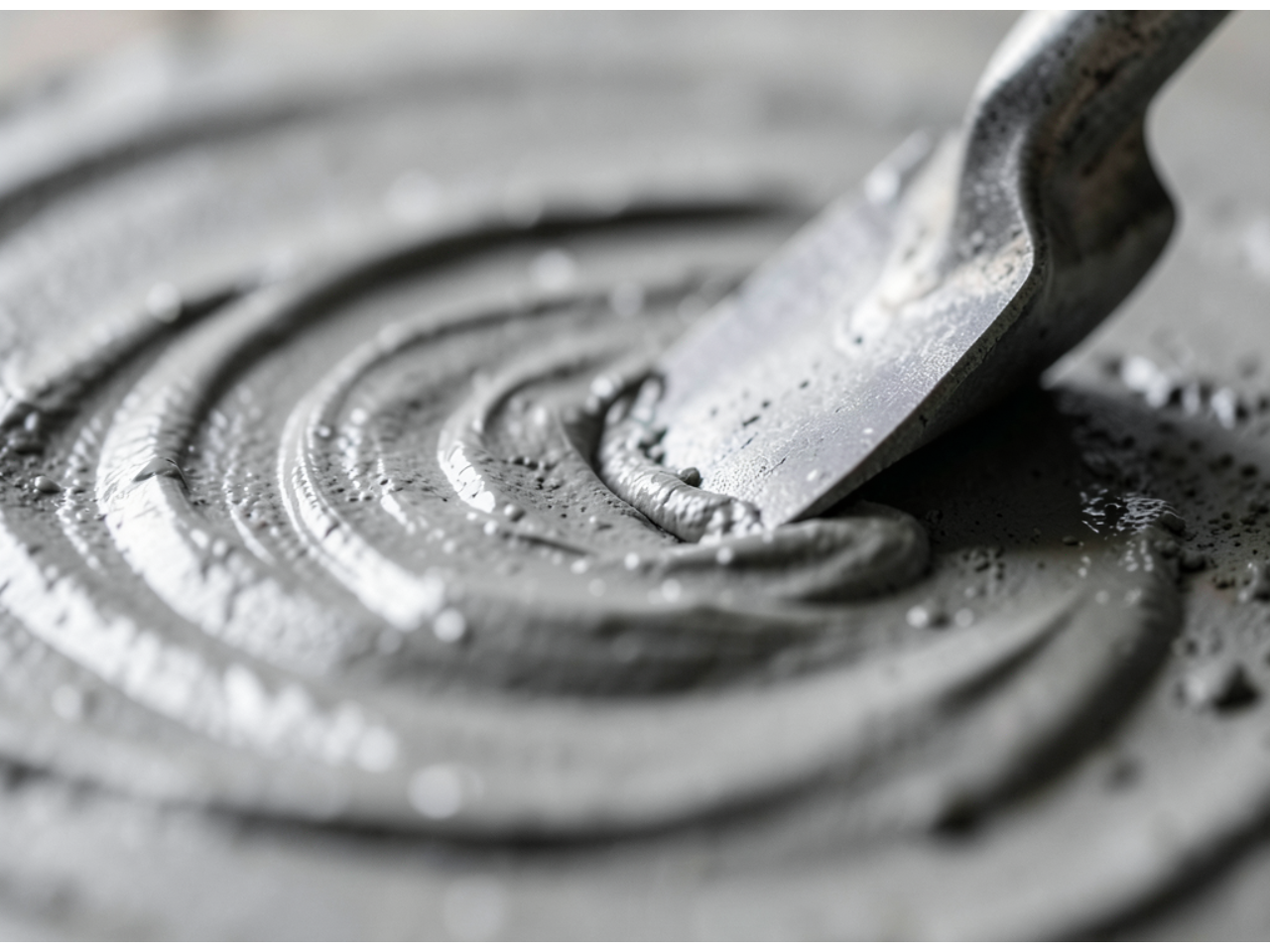 A metal spatula mixing thick gray paste in a circular pattern