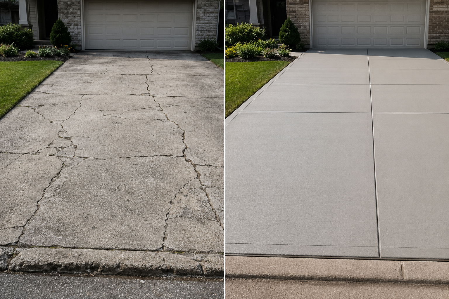 Before-and-after view of a cracked driveway repaired with smooth new concrete.