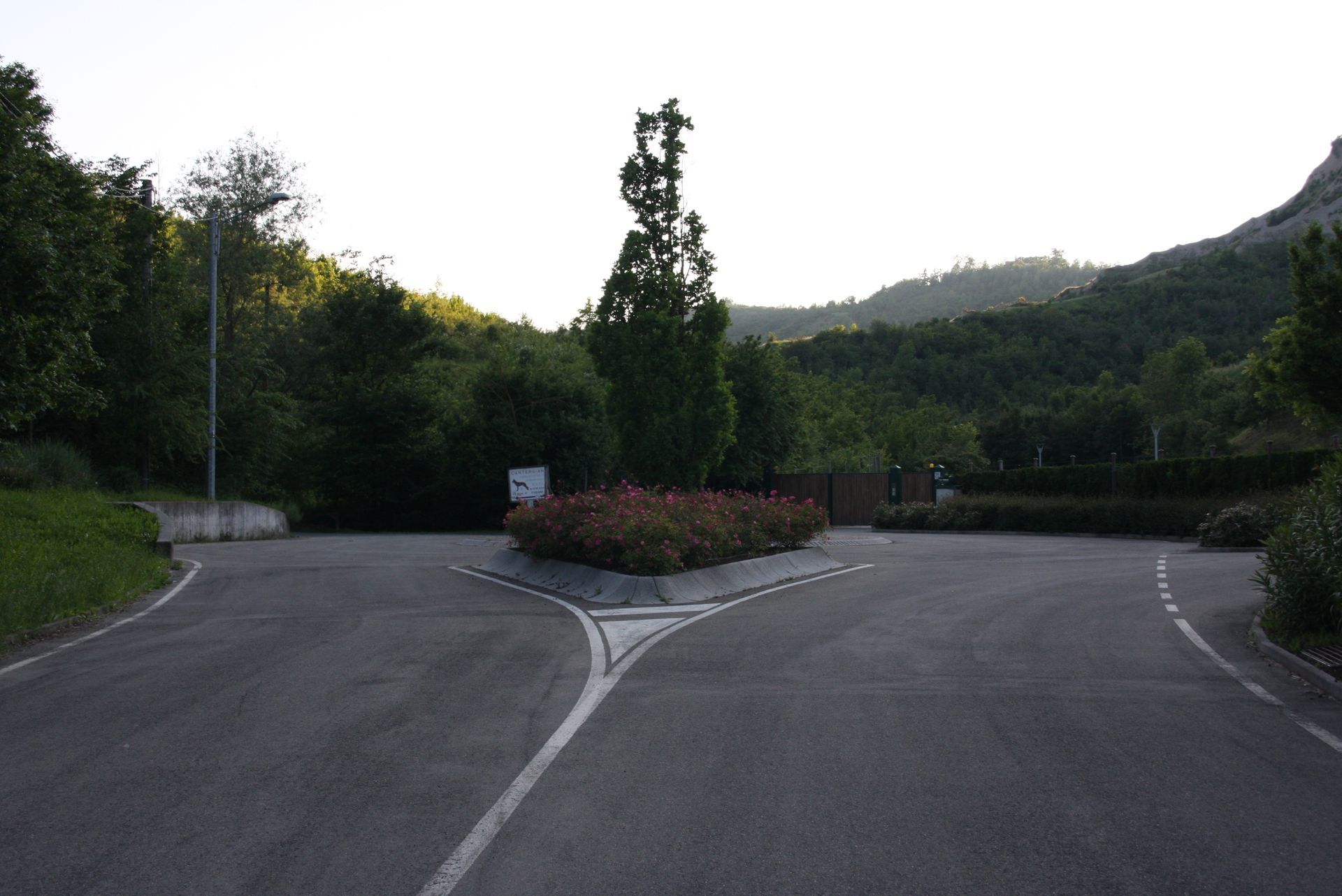 Strada divisa in due con un'aiuola al centro, circondata da alberi e con uno sfondo montuoso.