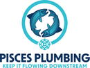 Logo for Pisces Plumbing: Two blue fish forming a circle inside a teal ring, with a blue geometric shape below.