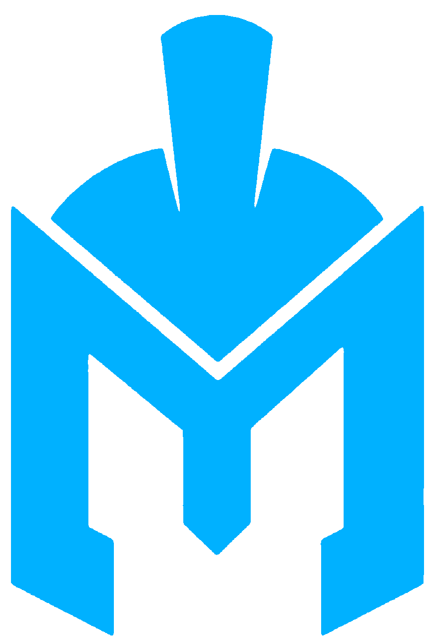 Blue geometric logo with a stylized white M shape and central upward-pointing tower