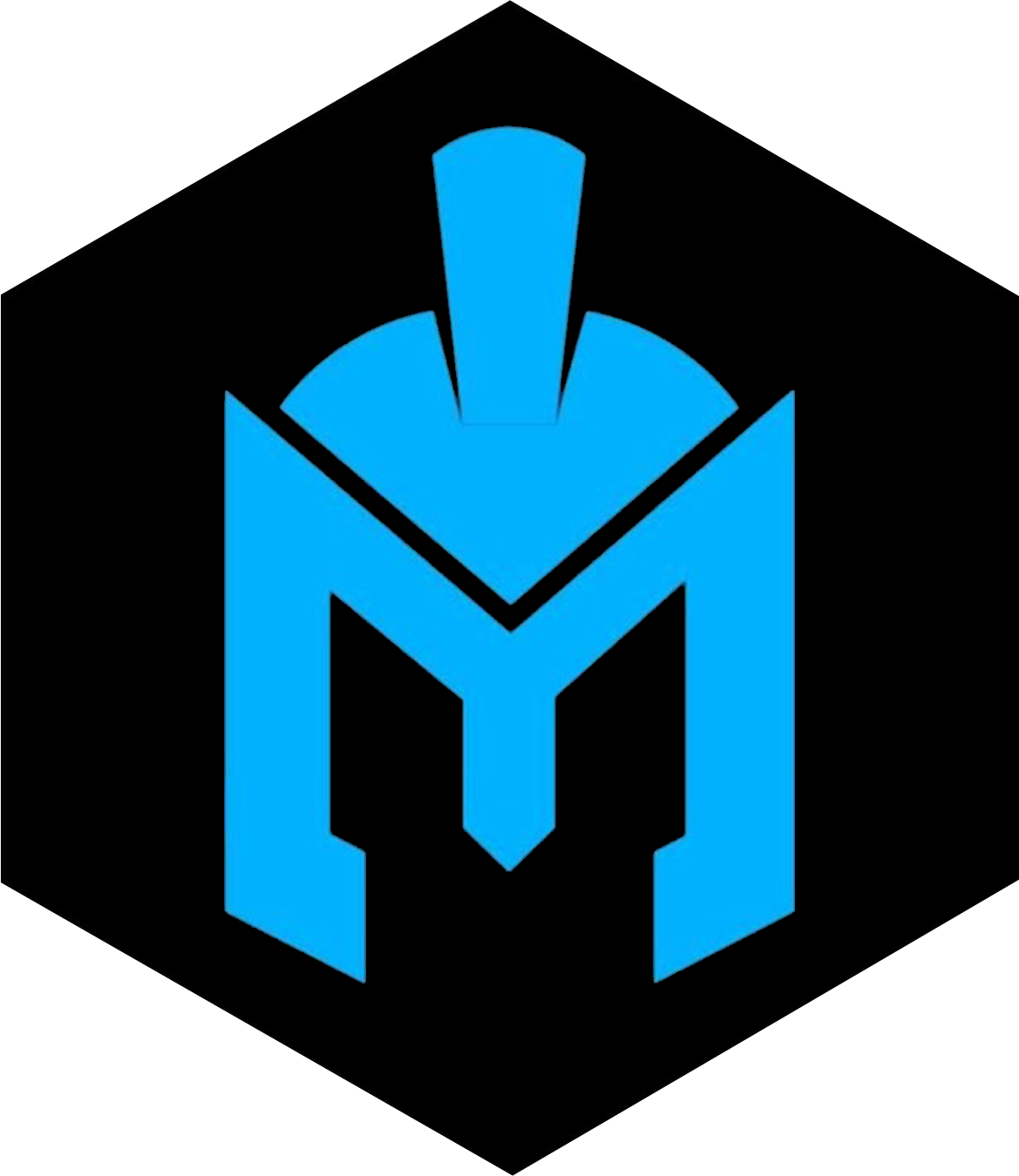 Blue stylized M logo inside a black hexagon on a white background