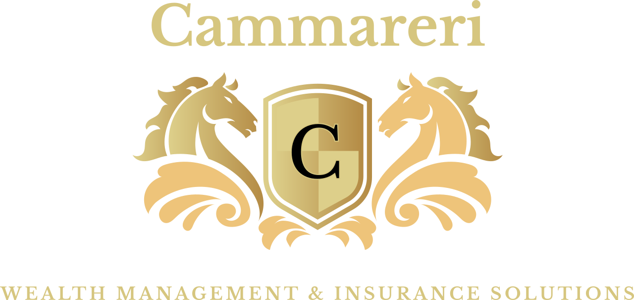 Gold logo with two horse figures flanking a shield with the letter