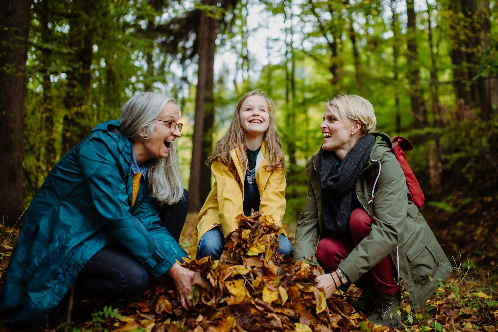 Three people playing in a pile of fall leaves in a forest; laughing faces, yellow, green, and brown colors.