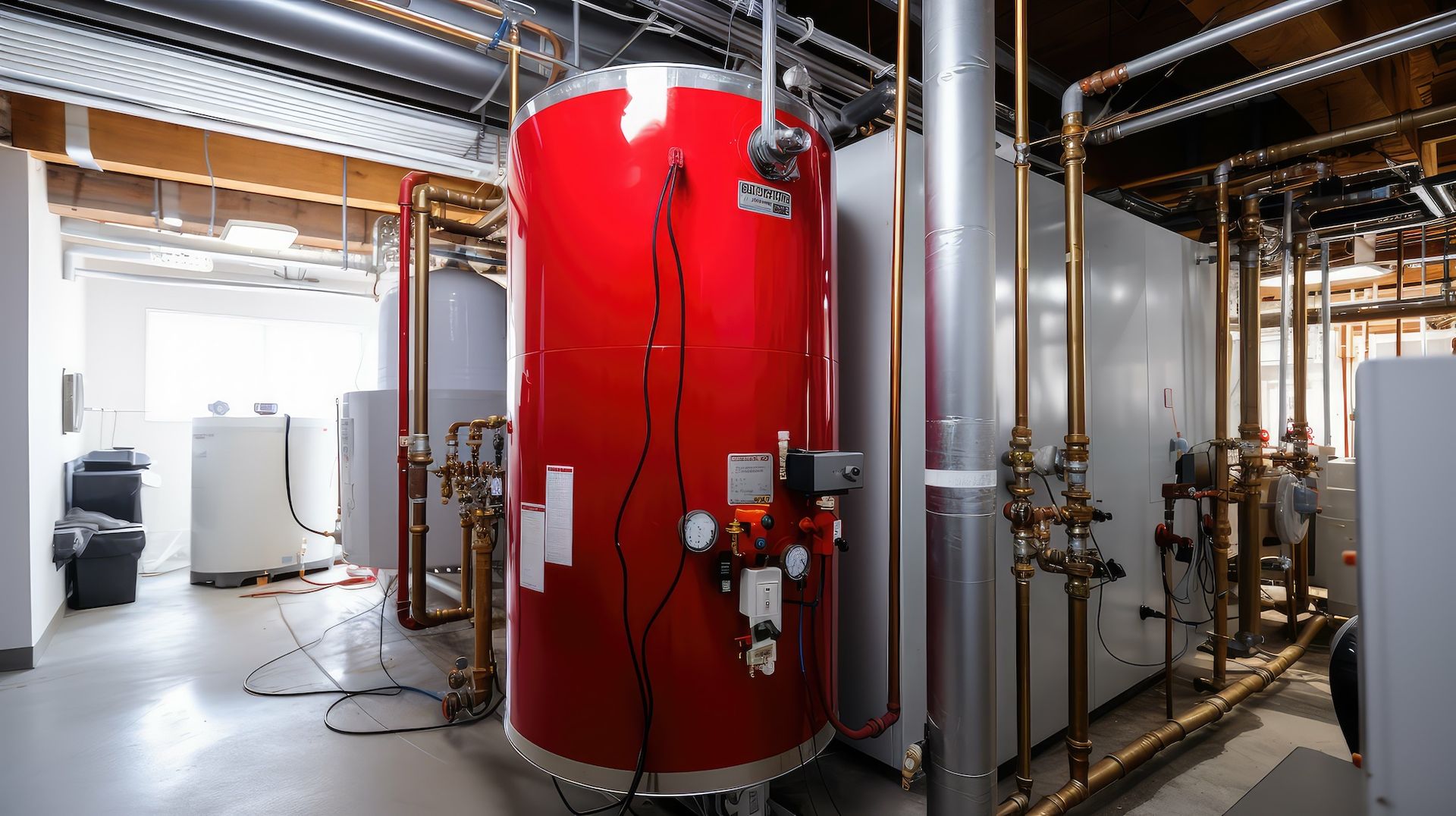 A red water heater is sitting in a room with pipes.