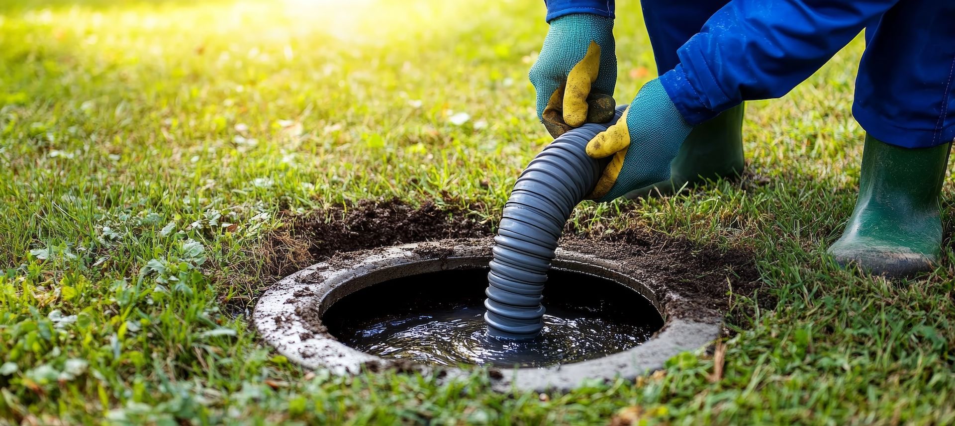 A man is pumping water into a septic tank with a hose.