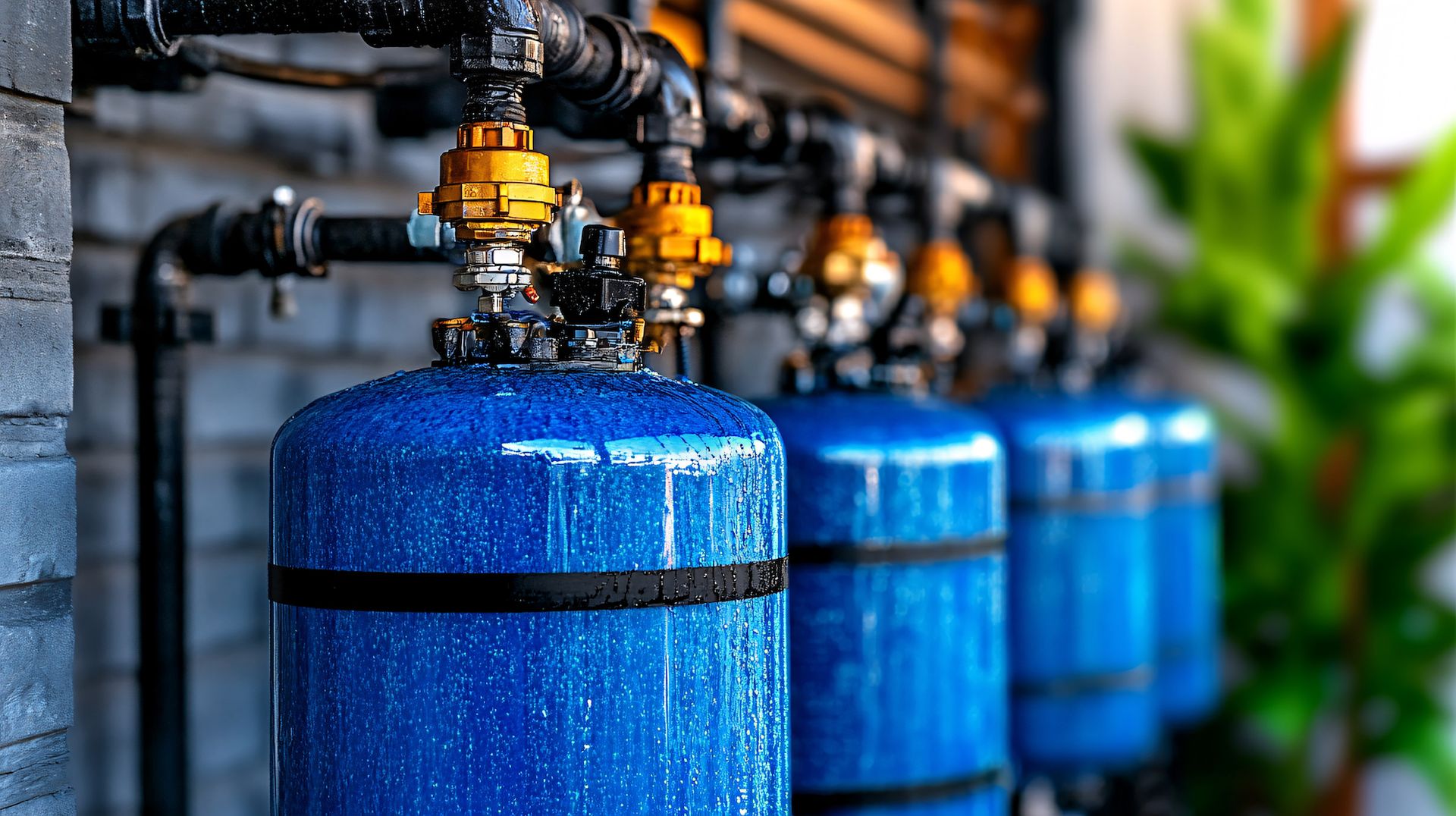 A row of blue water tanks hanging from pipes on a wall.