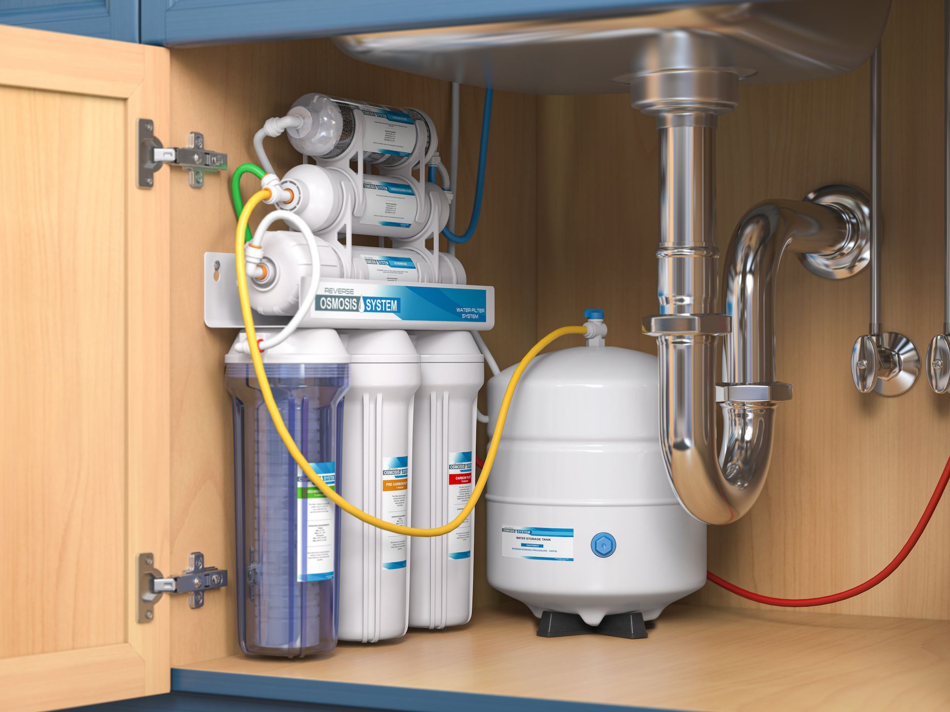 A water filter is installed under a sink in a cabinet.