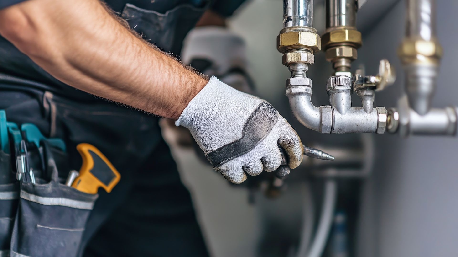 A plumber is working on a pipe under a sink.