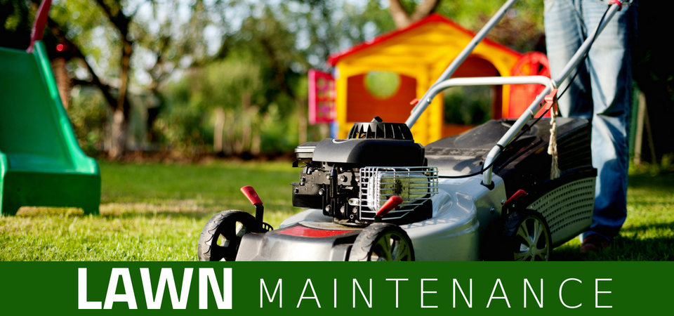 A person mows a green lawn with a gas-powered mower near a playground, with the text