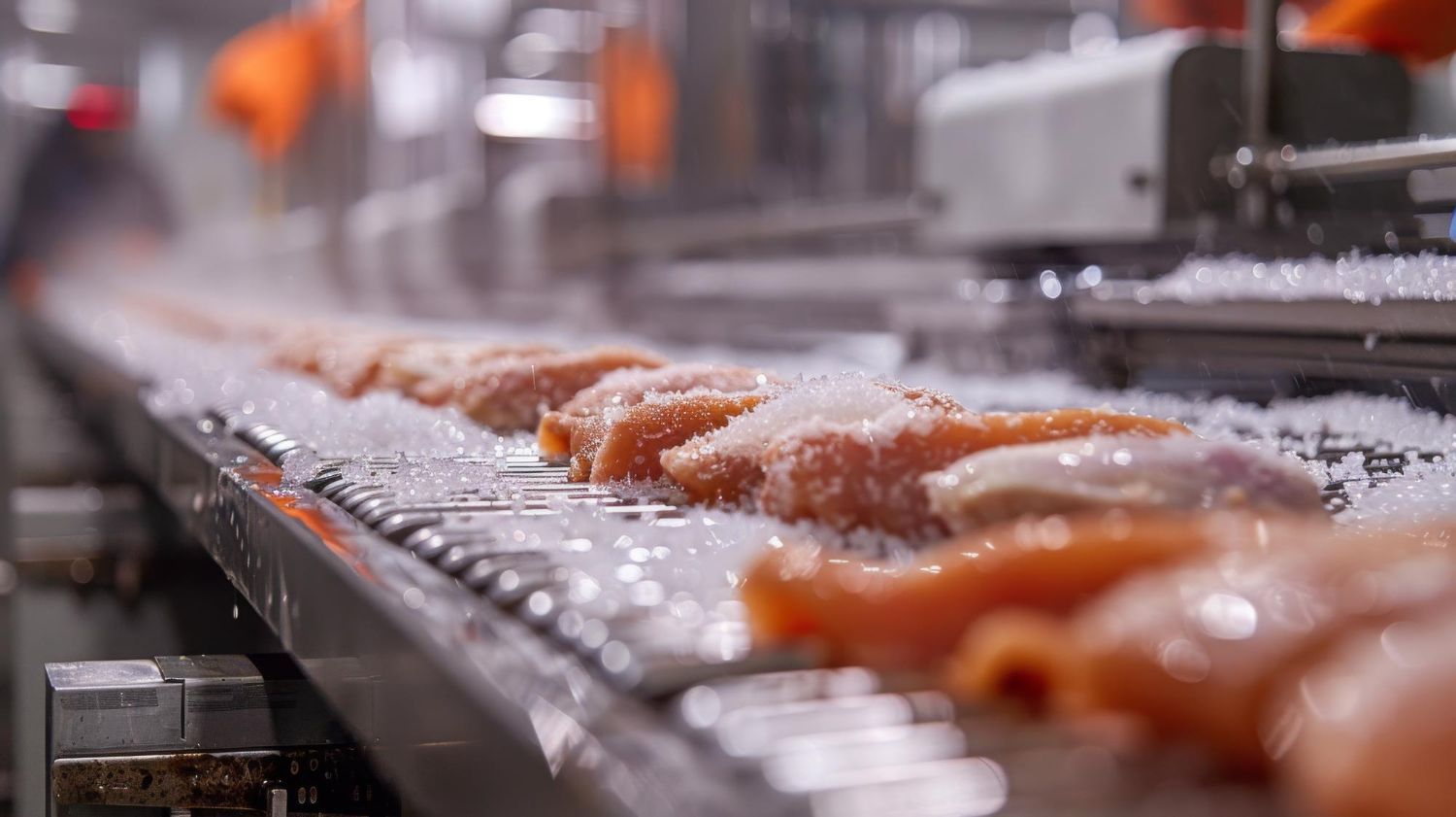 Raw chicken fillets move along a metal conveyor belt in a processing plant, covered in a light layer of ice.