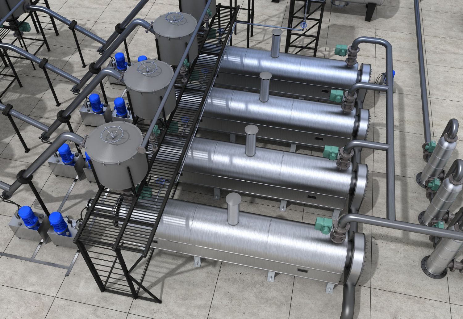 Industrial water pump system with pipes and a motor on a metal platform.