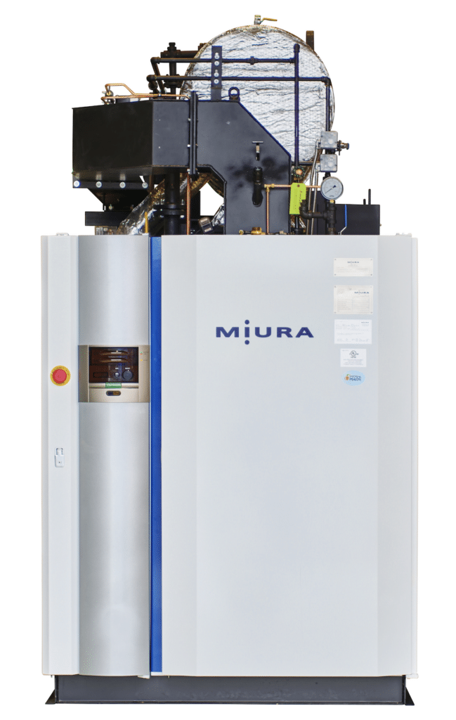 A tall, white Miura industrial boiler with a dark control panel and exposed metallic components on top.