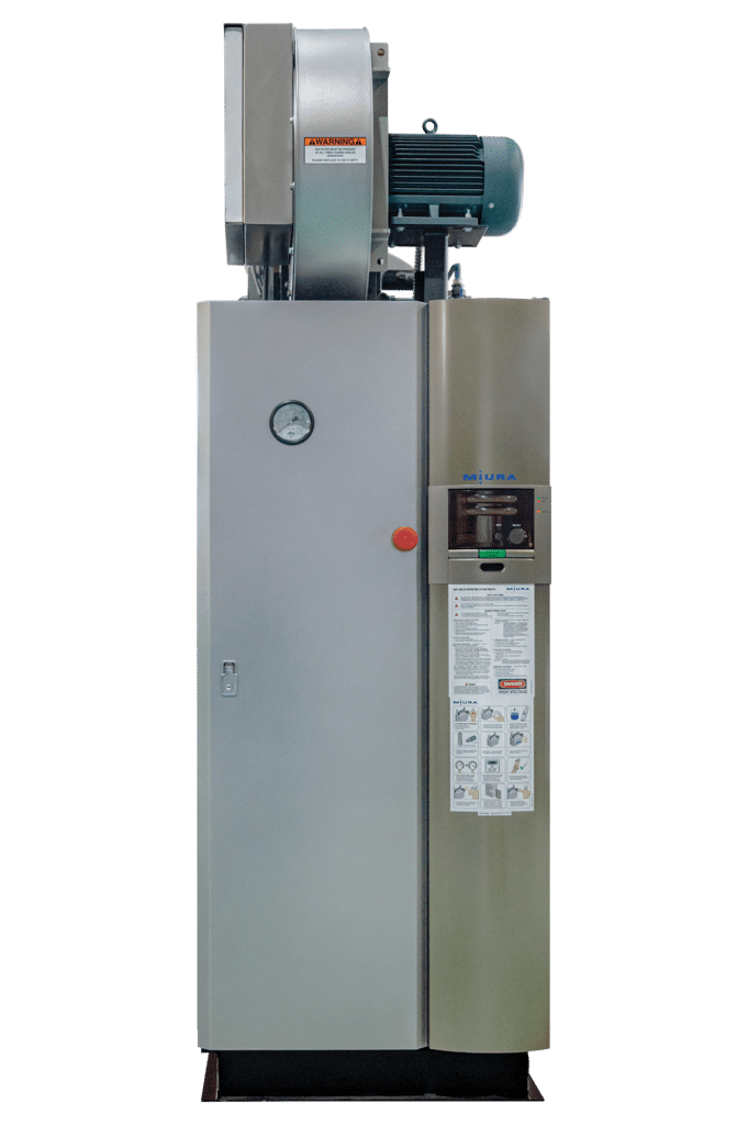 A tall, gray industrial equipment unit with a top-mounted blower motor, a pressure gauge, and a control panel.