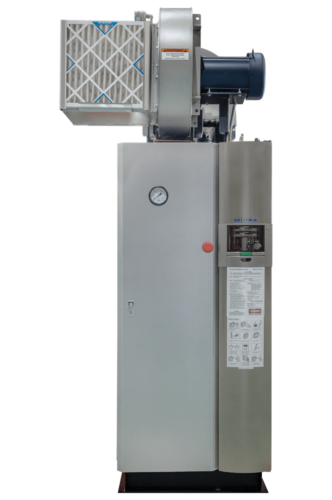 A tall, industrial stainless steel air purification unit with a large filter and motor mounted on top.