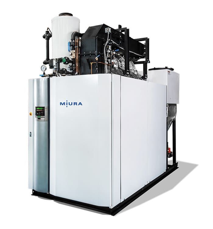 A Miura industrial steam boiler unit with a white metal enclosure and top-mounted mechanical components.