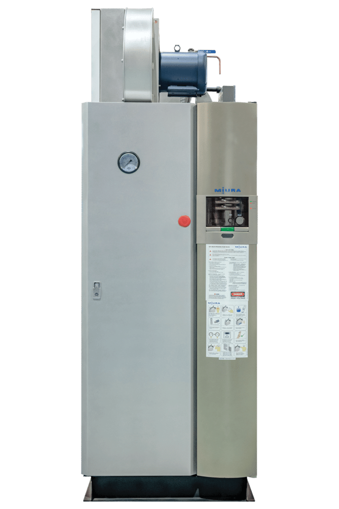 A tall, industrial air compressor with a light gray metal cabinet, a control screen, and a top-mounted motor unit.
