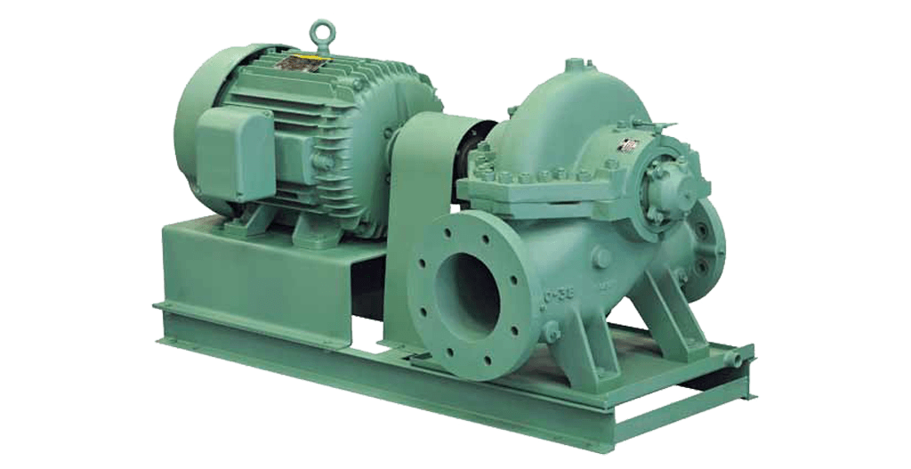 Green industrial centrifugal pump with electric motor, mounted on a base.