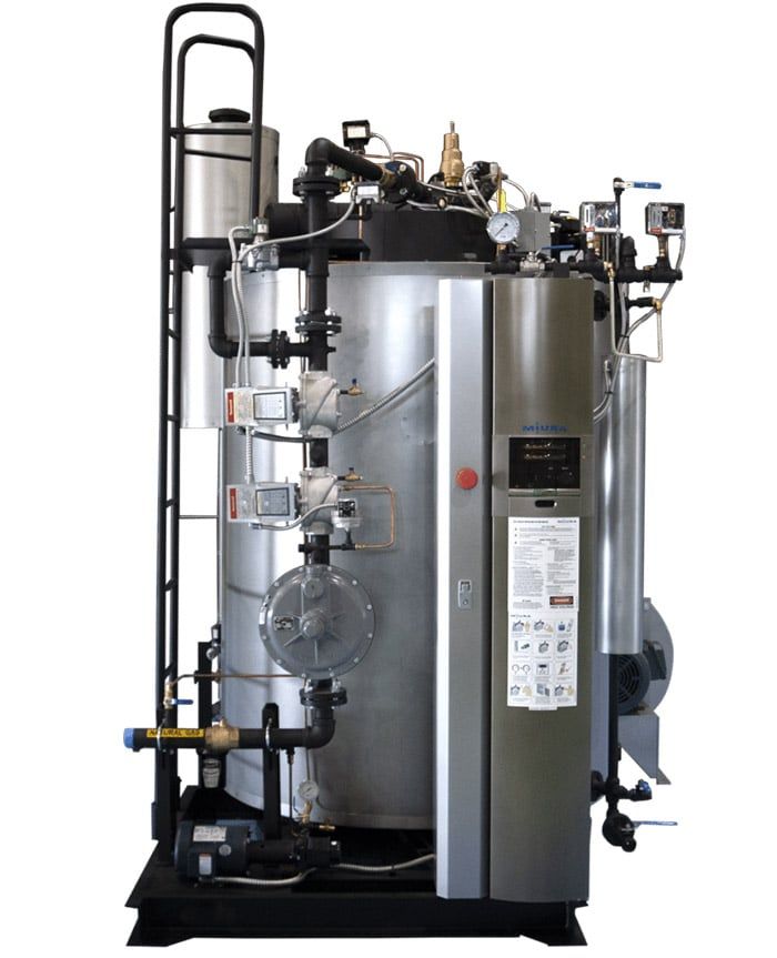 An industrial boiler unit with a cylindrical silver tank, control panel, vertical ladder, and various piping connections.