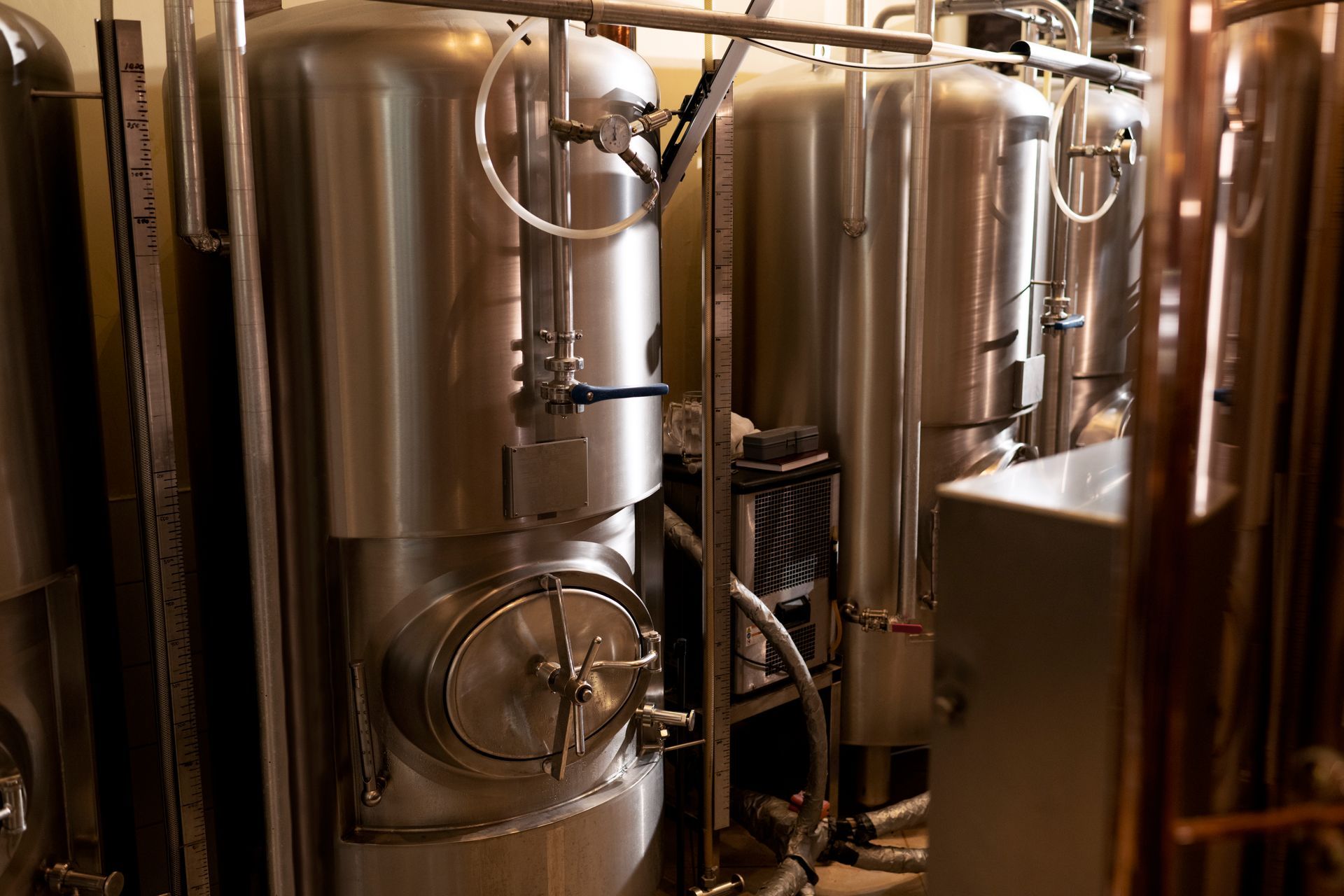 Large stainless steel fermentation tanks in a brewery setting.