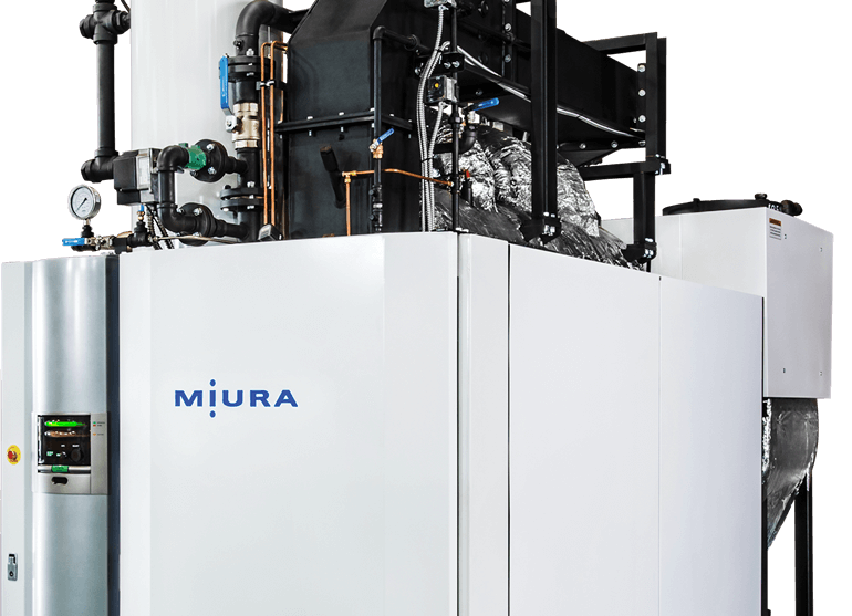 A Miura industrial steam boiler unit with a white metal enclosure and visible mechanical pipes and gauges on top.
