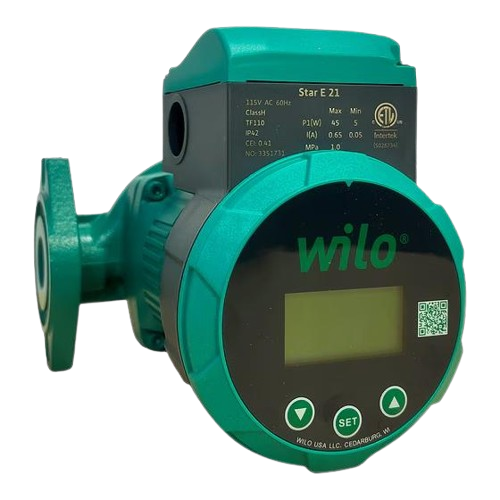 A green Wilo Star E 21 circulator pump with a digital display and adjustment buttons on a circular front panel.