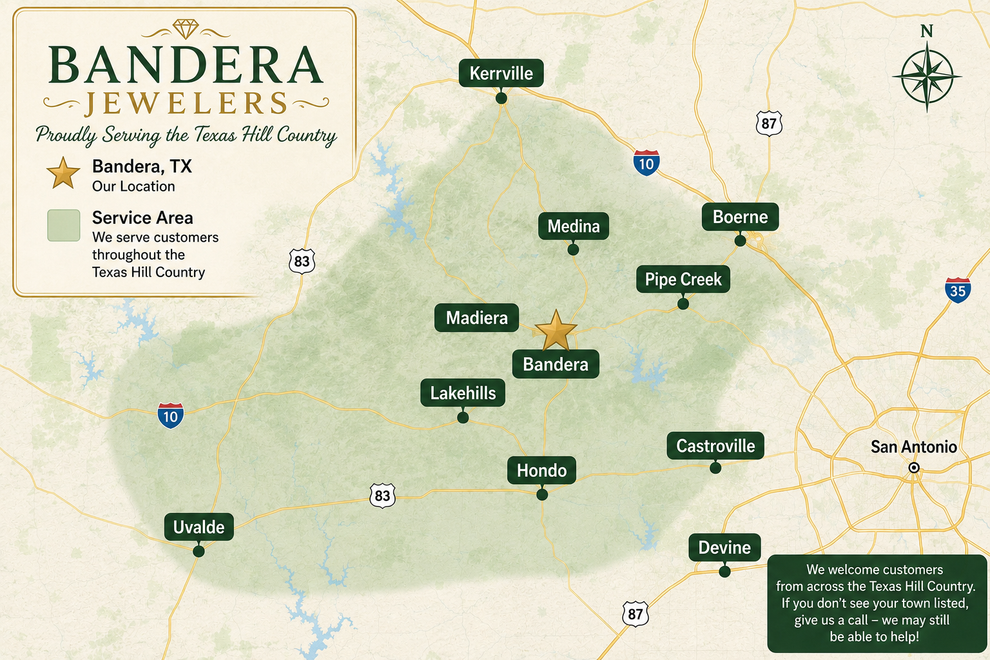 Map of Texas Hill Country Gold Buyers locations on a beige background with green city labels. Map of Texas Hill Country Gold Buyers locations on a beige background with green city labels.