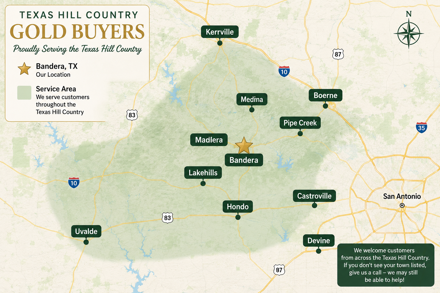 Map of Texas Hill Country Gold Buyers locations on a beige background with green city labels. Map of Texas Hill Country Gold Buyers locations on a beige background with green city labels.