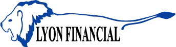 Lyon Financial logo with blue lion and flowing mane on white background