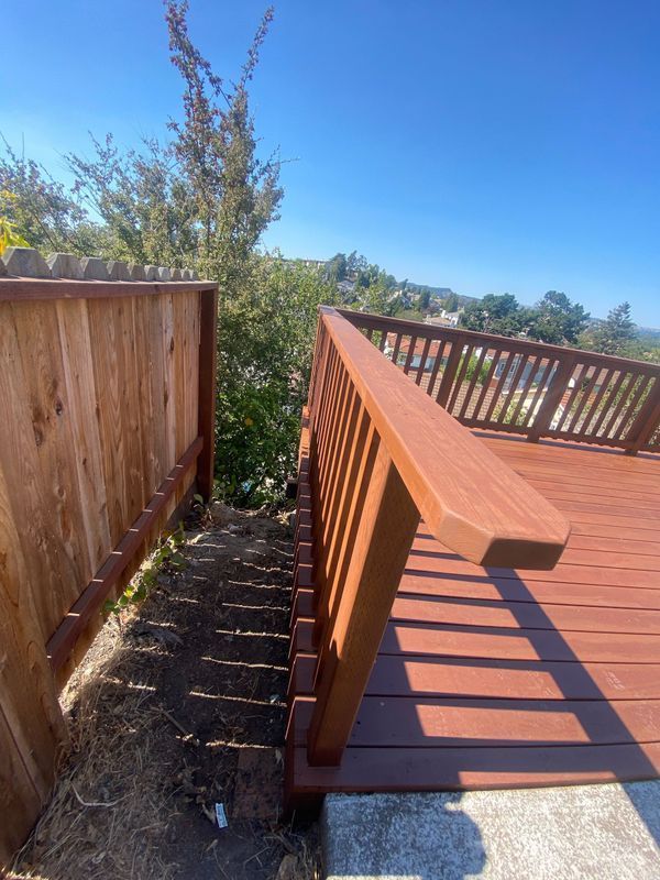 Wooden backyard ramp beside a fence, with sunlit deck and greenery beyond.