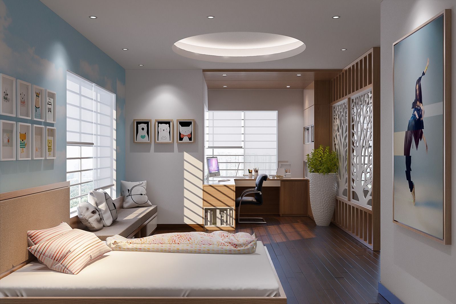 Modern bedroom with a bed, desk, wall art, and soft natural light