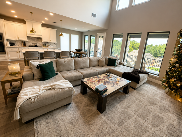 Open-plan living room with gray sectional, coffee table, kitchen, and large windows looking out to a deck.