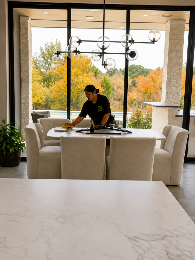 Person setting a dining table in a bright modern room with large windows and autumn trees outside