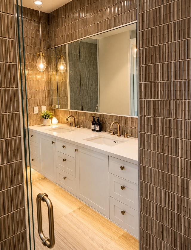 Modern bathroom with wood-tile walls, double vanity, large mirror, and warm lighting