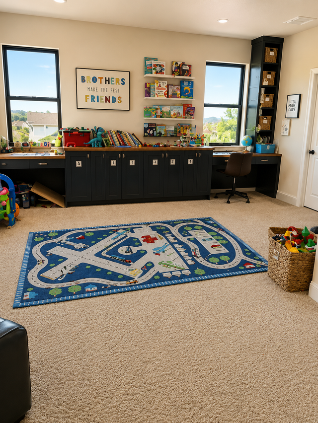 Bright playroom with blue rug, low black cabinets, books, toys, and windows overlooking greenery.