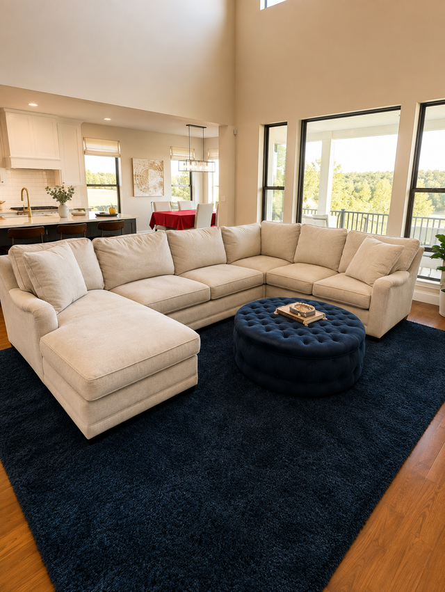 Bright living room with a cream sectional sofa, navy rug, and round ottoman near large windows