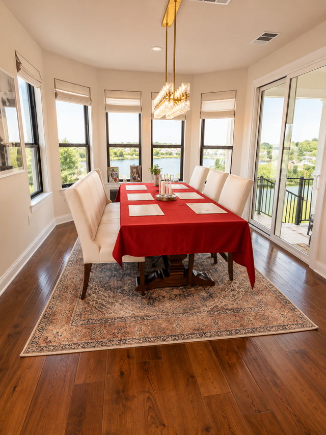Dining room with red tablecloth, beige chairs, and large windows overlooking greenery.