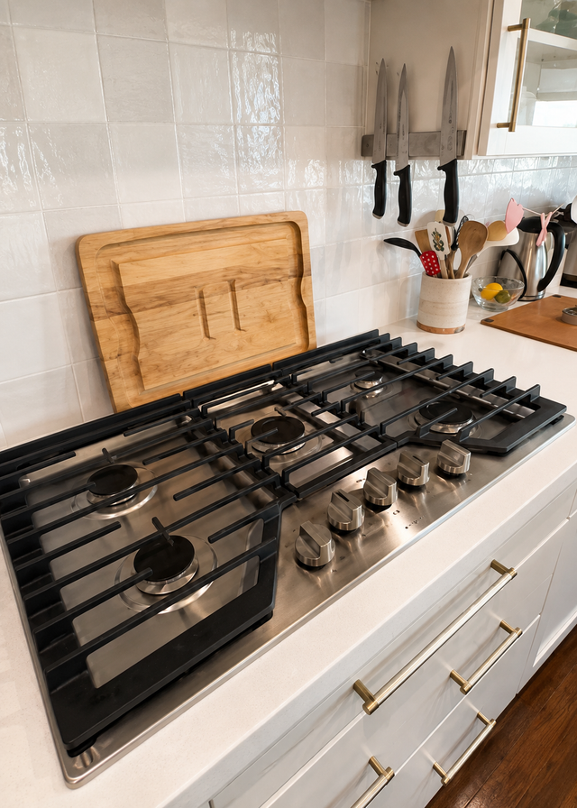 Modern kitchen stove with black grates, silver knobs, and wooden utensils on a white countertop
