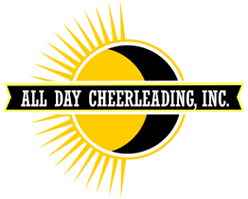 A logo for all day cheerleading inc. with a sun and a crescent moon