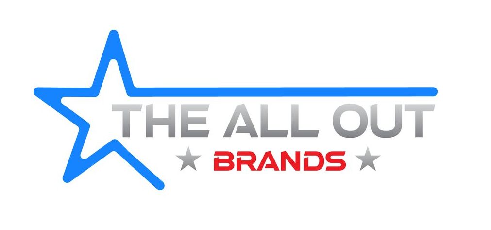 The all out brands logo with a blue star on a white background.