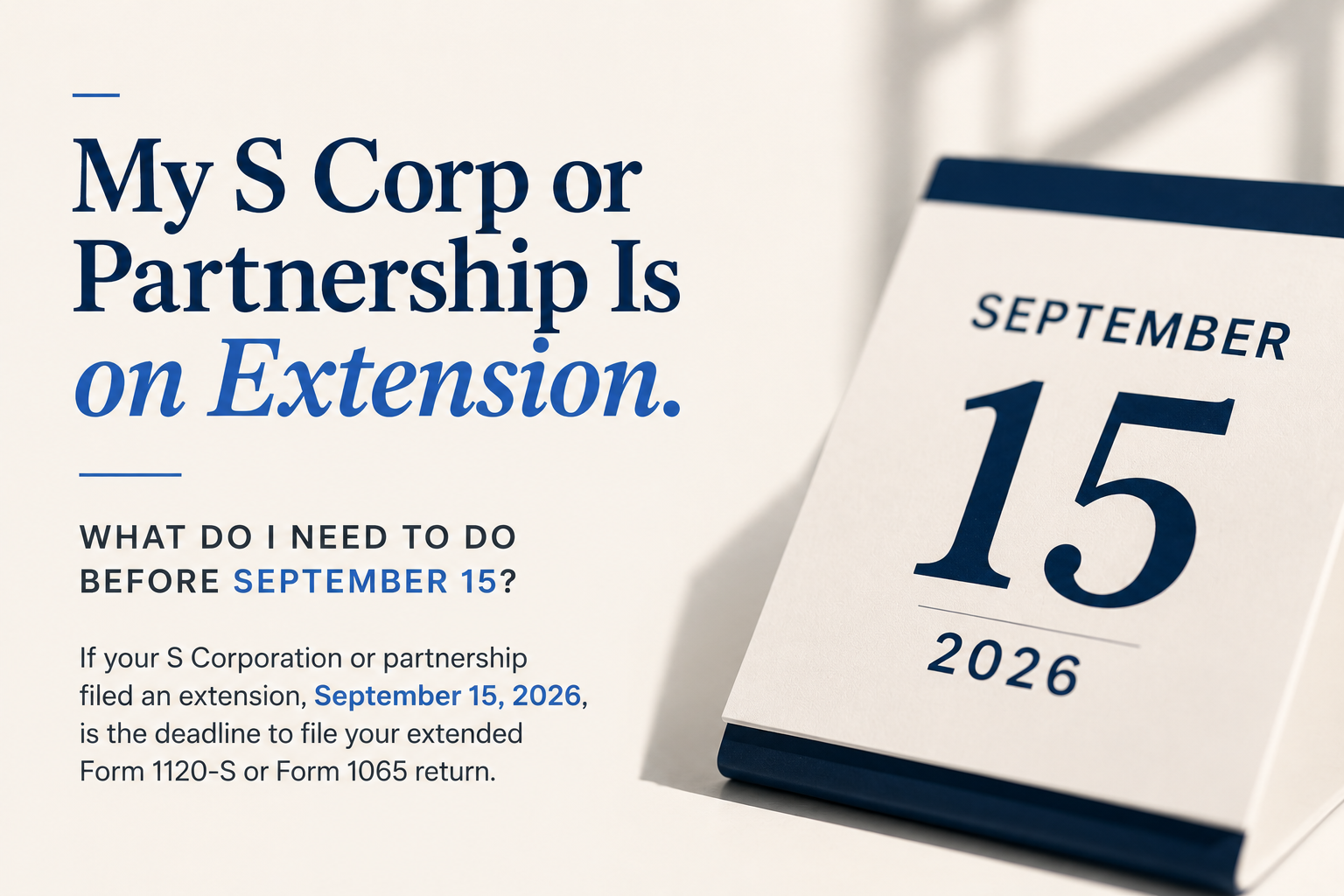 M S Corp extension deadline ad with a September 15, 2026 calendar