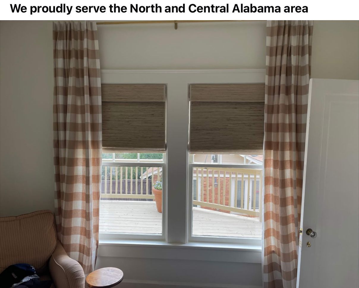 Living room window with beige curtains and shades, overlooking a deck