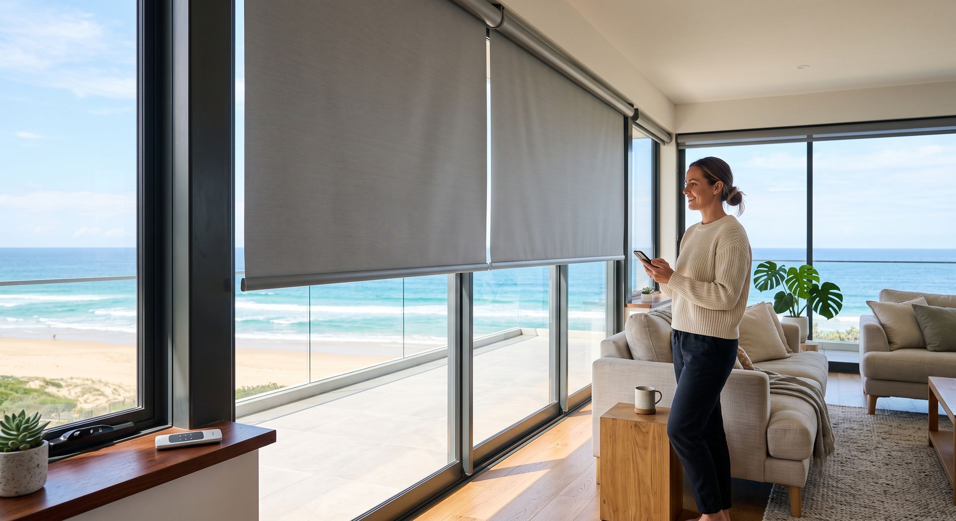 Person adjusting blinds in a bright beachside living room with ocean view