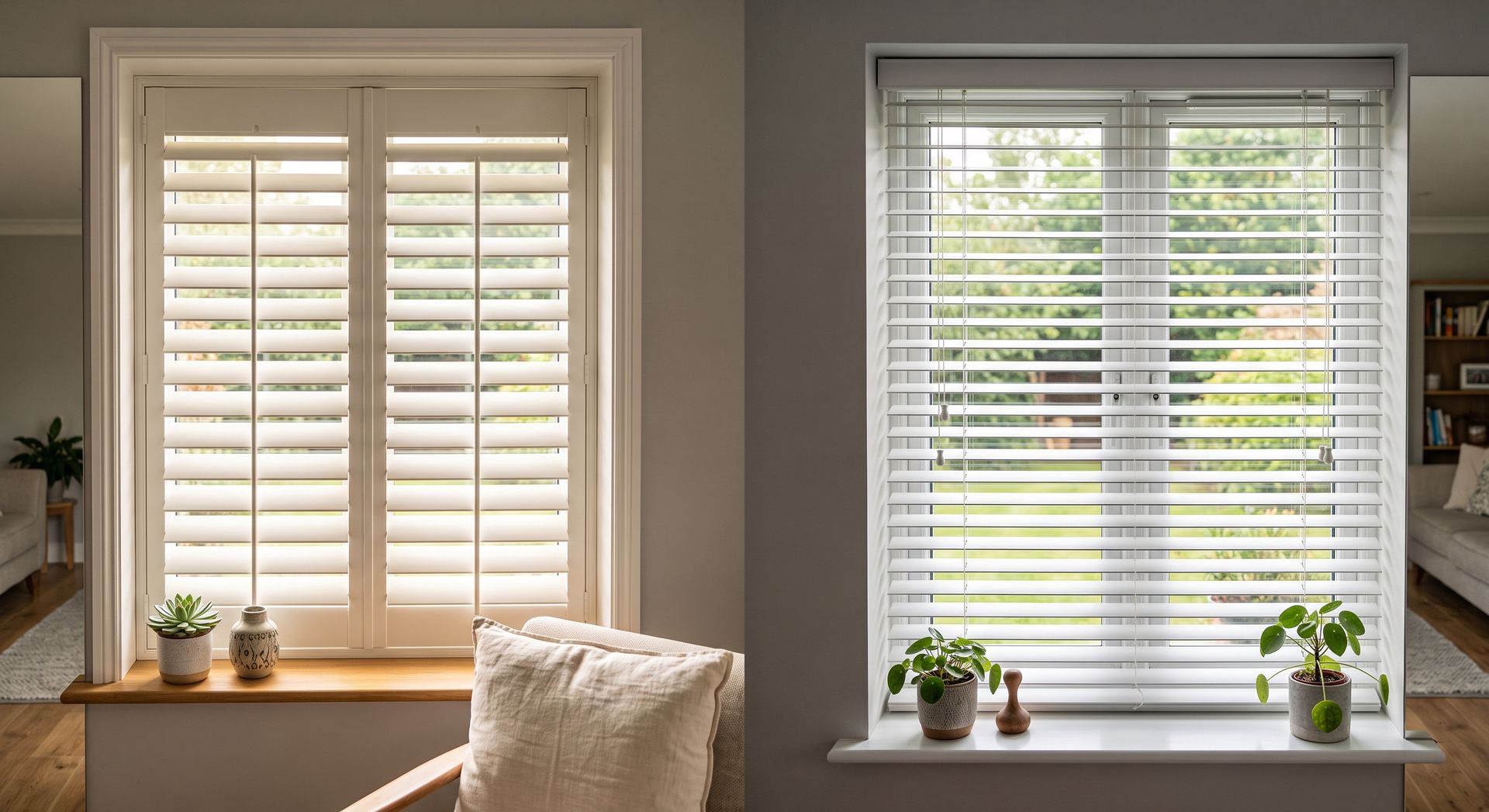 Two windows with white blinds and potted plants on the sills in a sunlit room